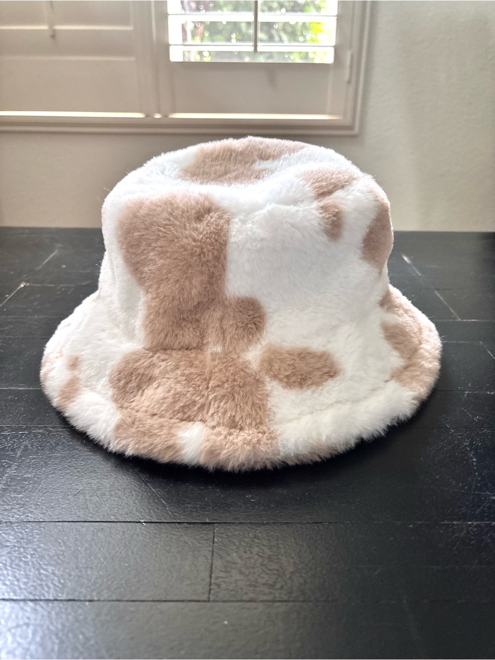 Winter Faux Fur Bucket Hat Fluffy Warm One Size Cow Print Khaki